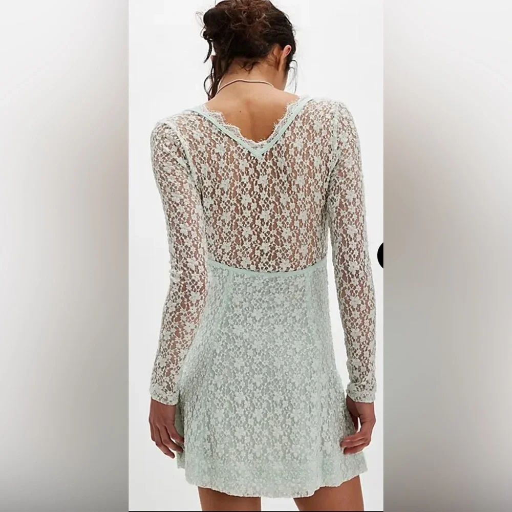 NWT Free People Petra Long Sleeve Lace Mini Dress Billowing Sail Mint Green Sz M - Picture 2 of 16